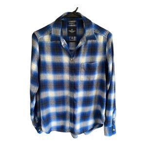 American Eagle Flannel Blue Navy Plaid Size XS Boyfriend Fit Soft Button Shirt